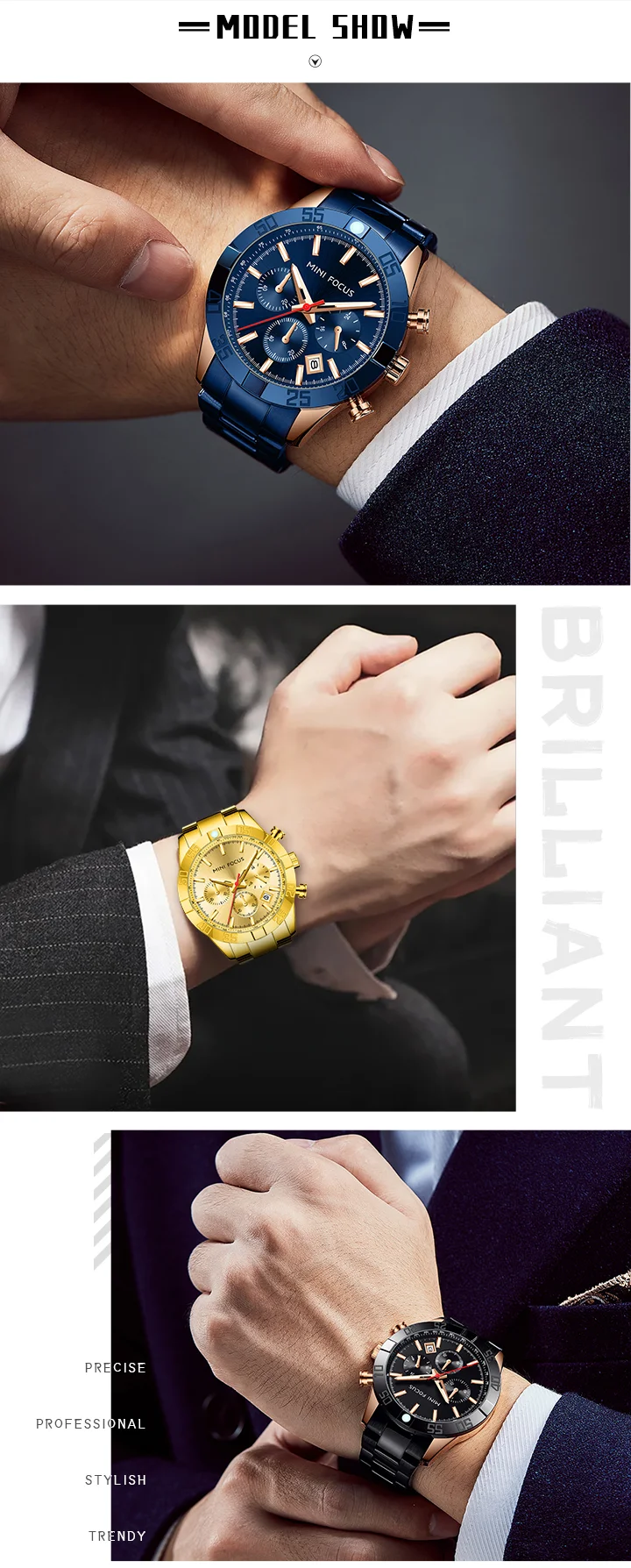 MINI FOCUS Business Chronograph Quartz Watch for Men Stainless Steel Wristwatch