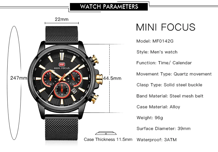 Mini Focus MF0142G Men’s Sport Chronograph Watch | Racing Style, Luminous Dial, Milanese Strap
