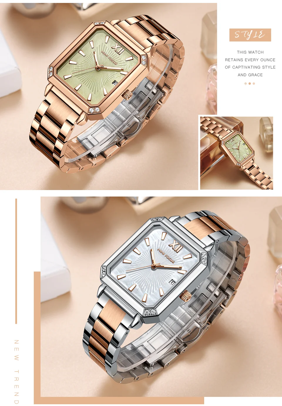 Elegant Square Ladies Watch – MINI FOCUS MF0472L Stainless Steel Strap Date Display Quartz Wristwatch