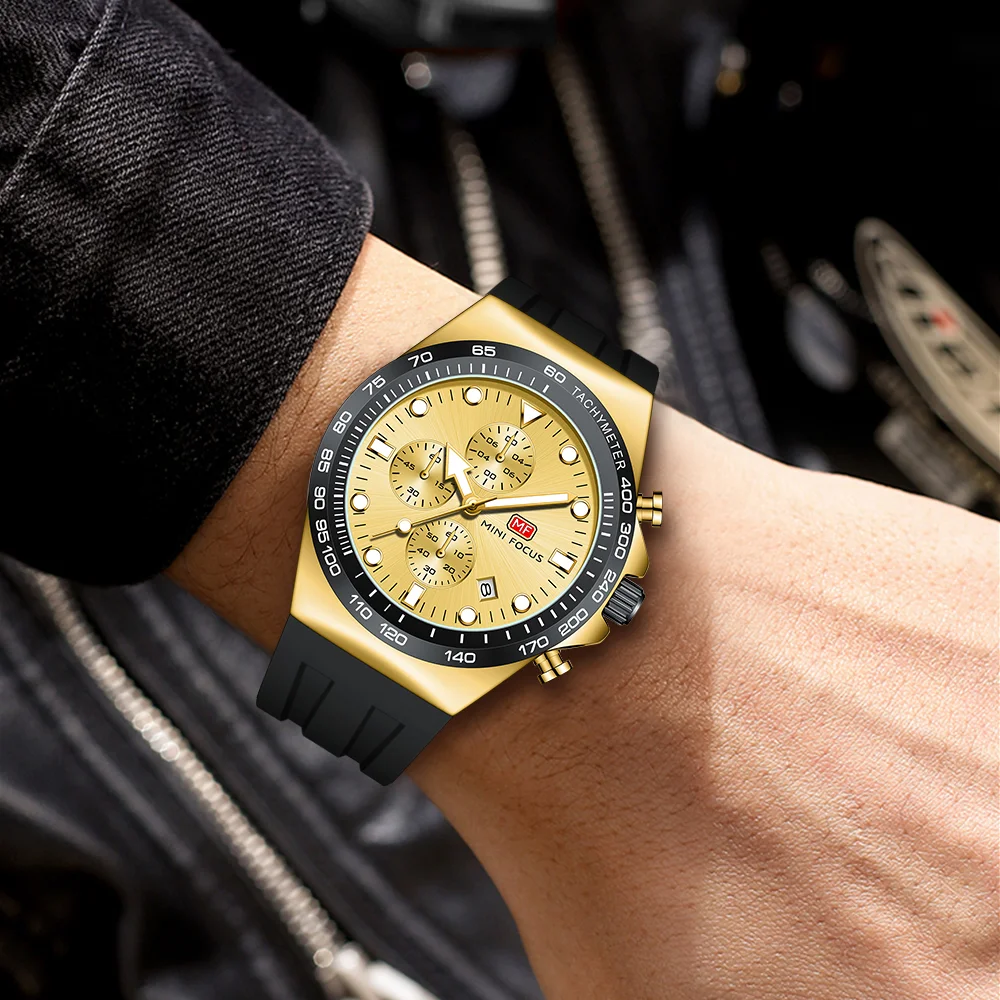 MINI FOCUS Dial Date Men’s Chronograph Sports Quartz Watch with Silicone Strap for Wholesale