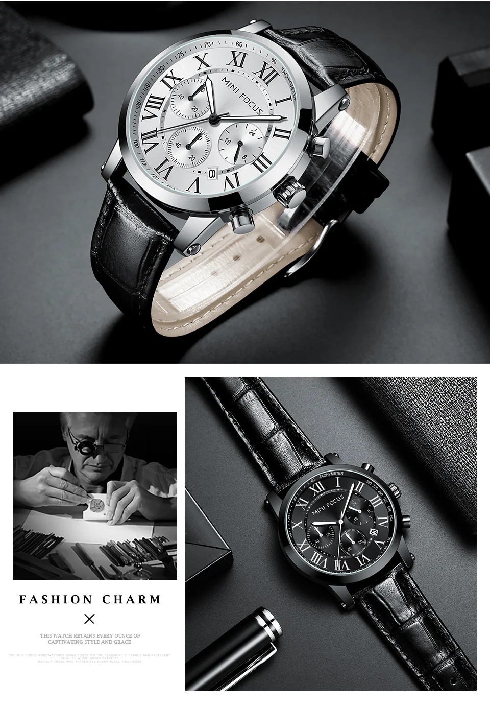 Fashion Leather Chronograph Watch for Men Classic Quartz Wristwatch by MINI FOCUS Wholesale 