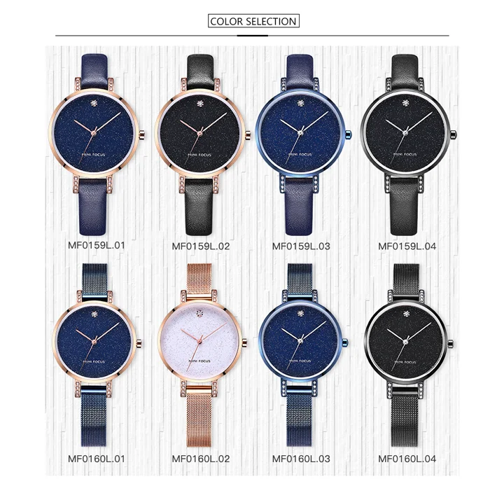 MINI FOCUS MF0159L Women’s Luxury Quartz Watch | Blue Leather Strap Elegant Iced-Out Ladies Wrist Watch with Box