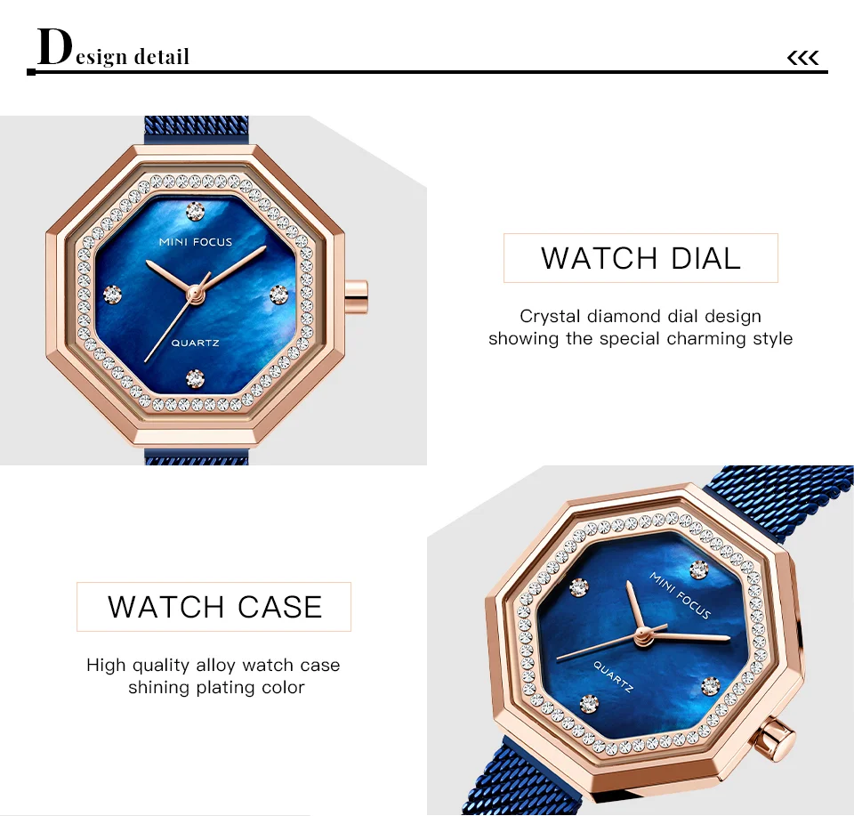 MINI FOCUS Diamond Brand Luxury Fashion Women Quartz Watch – Blue Lady Watch Waterproof Girl Clock