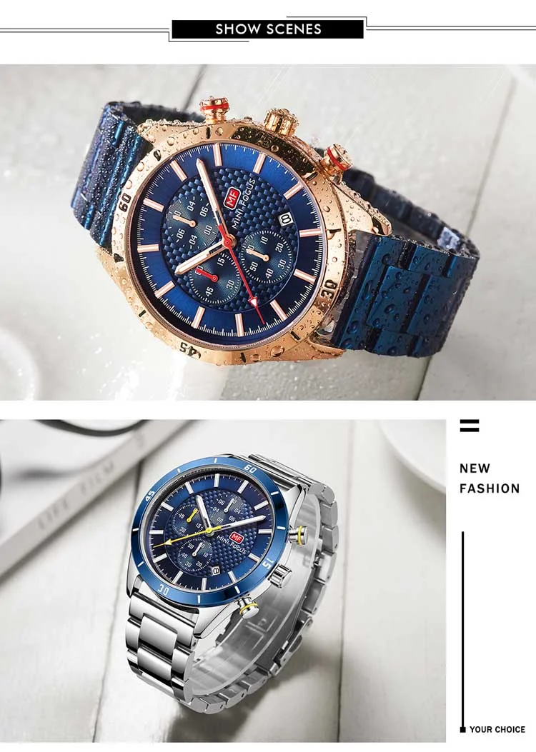 Mini Focus Blue Chronograph Watch for Men Stainless Steel Band Luxury Business Quartz Wristwatch