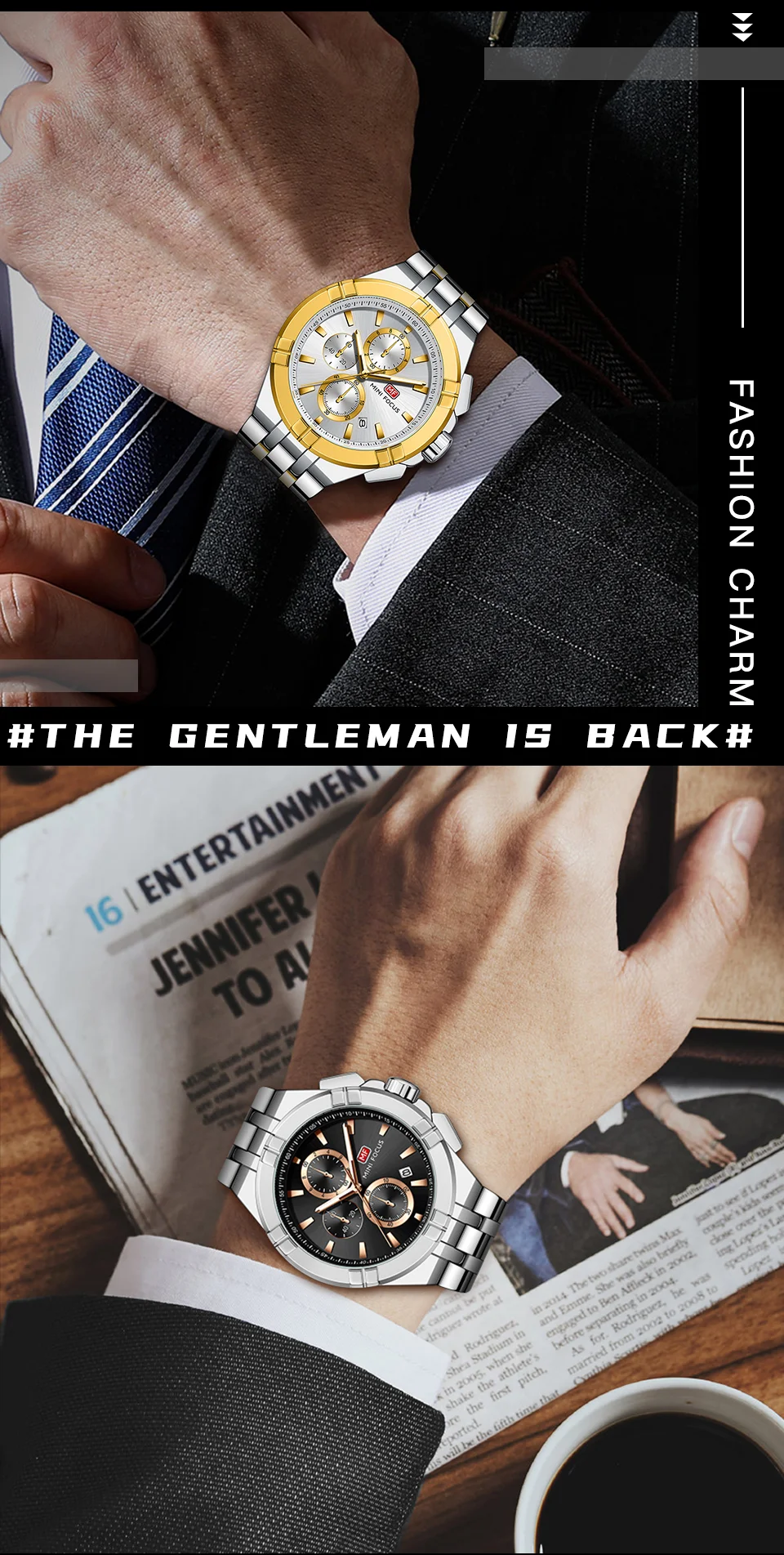 Mini Focus Top Sale Men’s Sports Chronometer Quartz Watch with Stainless Steel Band for Wholesale