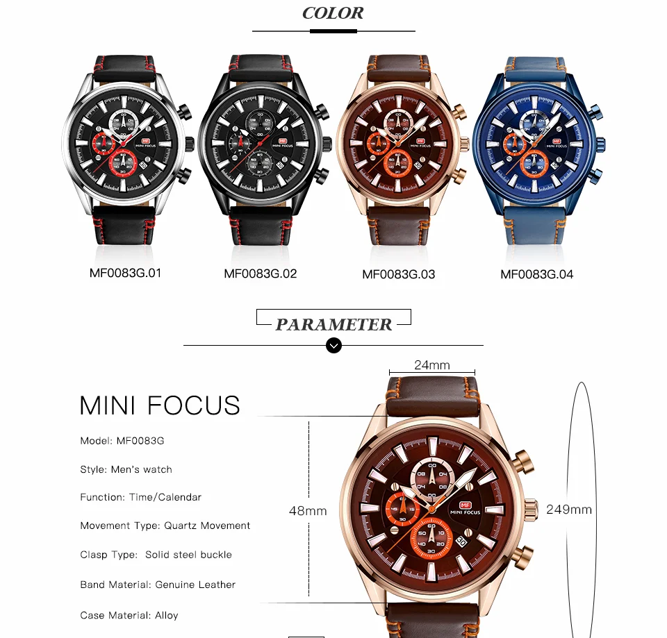 Mini Focus MF0083G Men's Fashion Watch | Genuine Leather Strap, Luminous Hands, Waterproof Quartz Movement, ODM Available