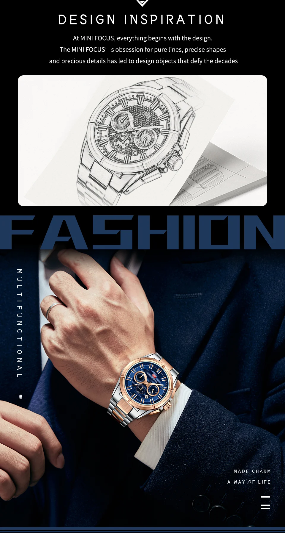 Mini Focus MF0495G Men Chronograph Sport Watch Waterproof Stainless Steel Strap Wristwatch Manufacturer