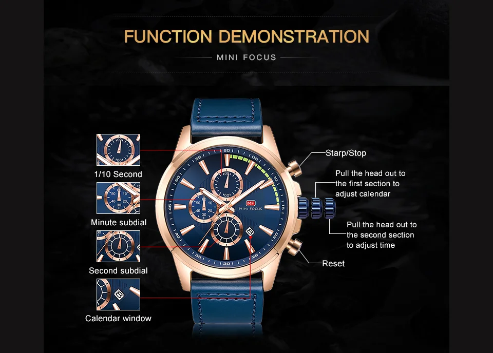 Mini Focus MF0129G Men’s Luxury Chronograph Watch | Sporty Leather Strap Quartz with Date | Factory Direct Wholesale