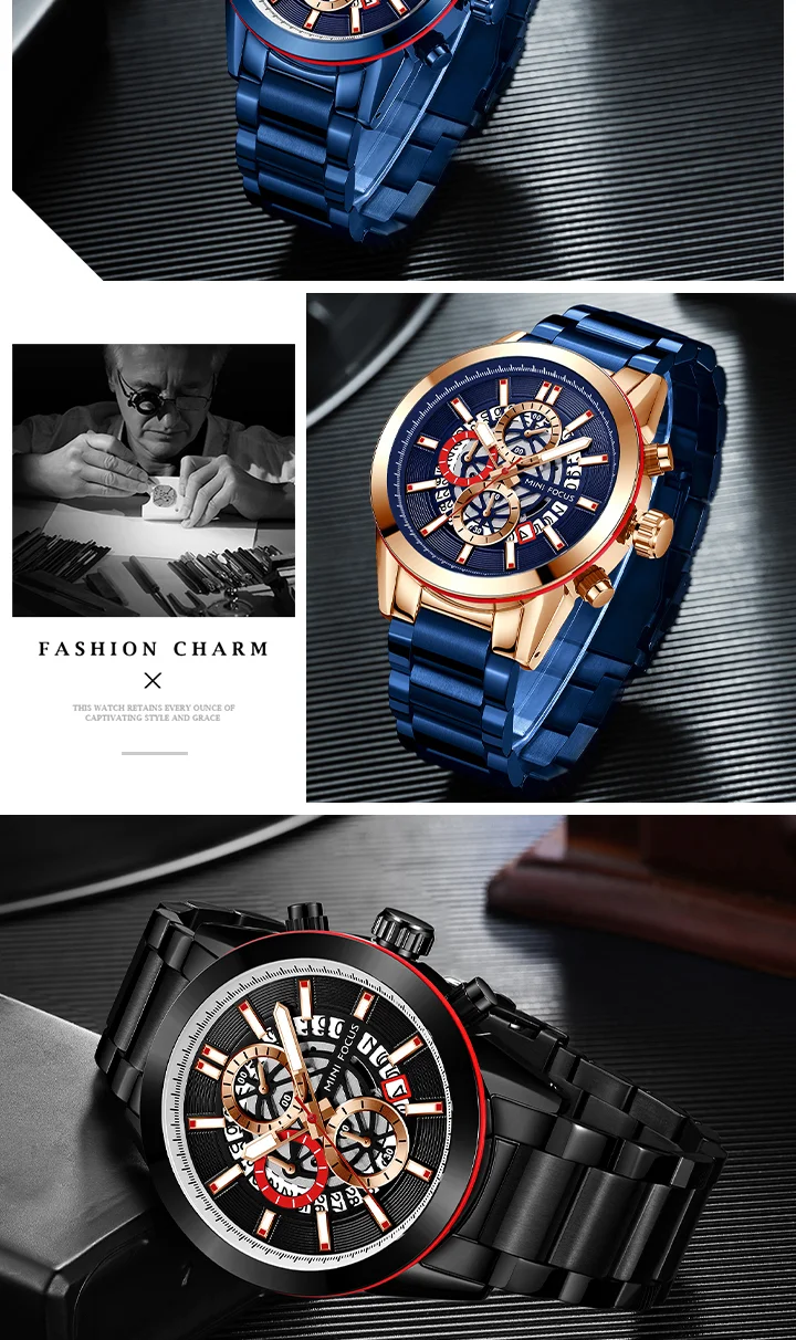 Mini Focus Racing Style Men's Watch Car Wheel Design Quartz Chronograph Stainless Steel Chain