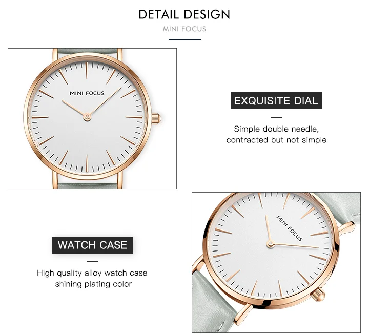 MINI FOCUS Hot Sell Blue Lady Quartz Watch Excel Leather Band Waterproof Analog Display Big Casual Hand Watch