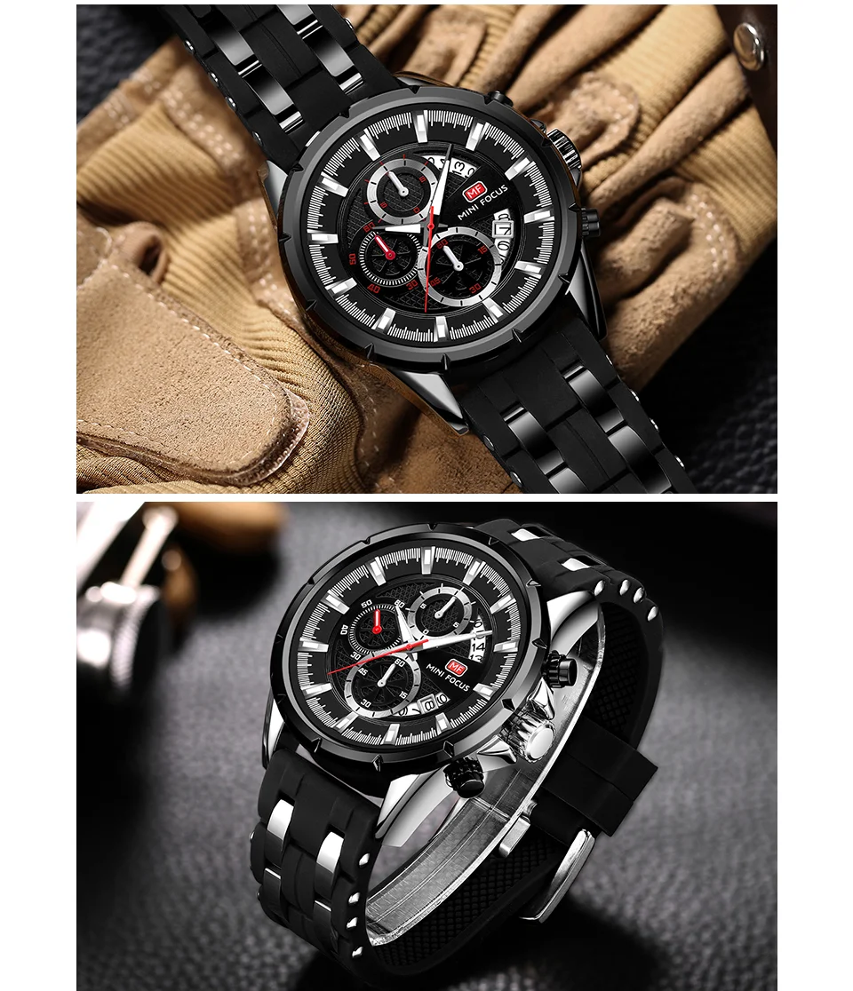 Mini Focus Men Sports Quartz Watches Luminous Hands Waterproof Chronograph Calendar Silicone Strap Fashion Watch