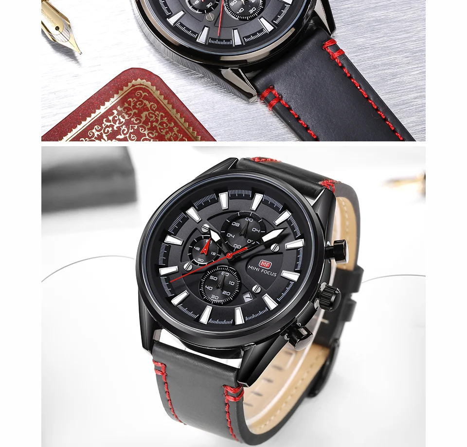 Mini Focus MF0083G Men's Fashion Watch | Genuine Leather Strap, Luminous Hands, Waterproof Quartz Movement, ODM Available