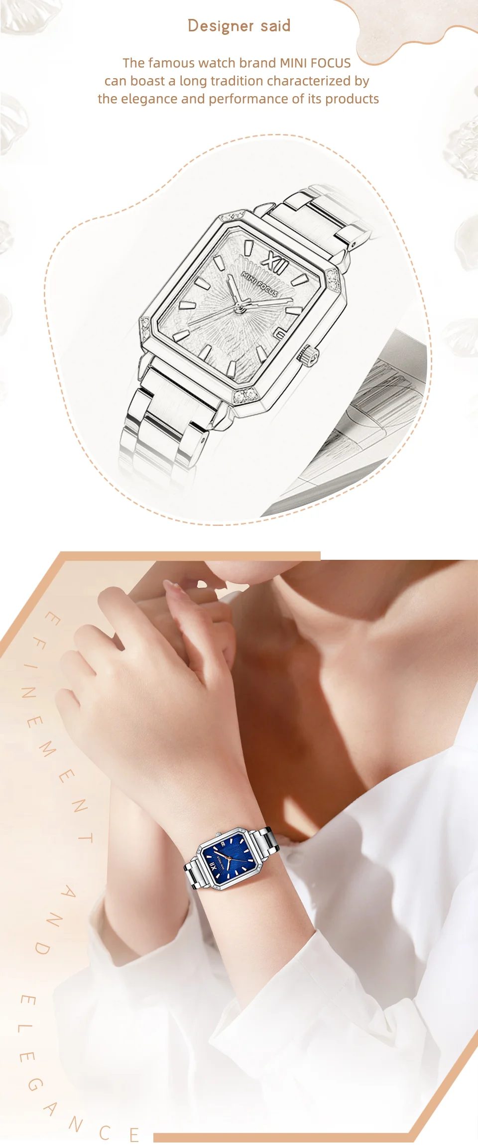 Elegant Square Ladies Watch – MINI FOCUS MF0472L Stainless Steel Strap Date Display Quartz Wristwatch