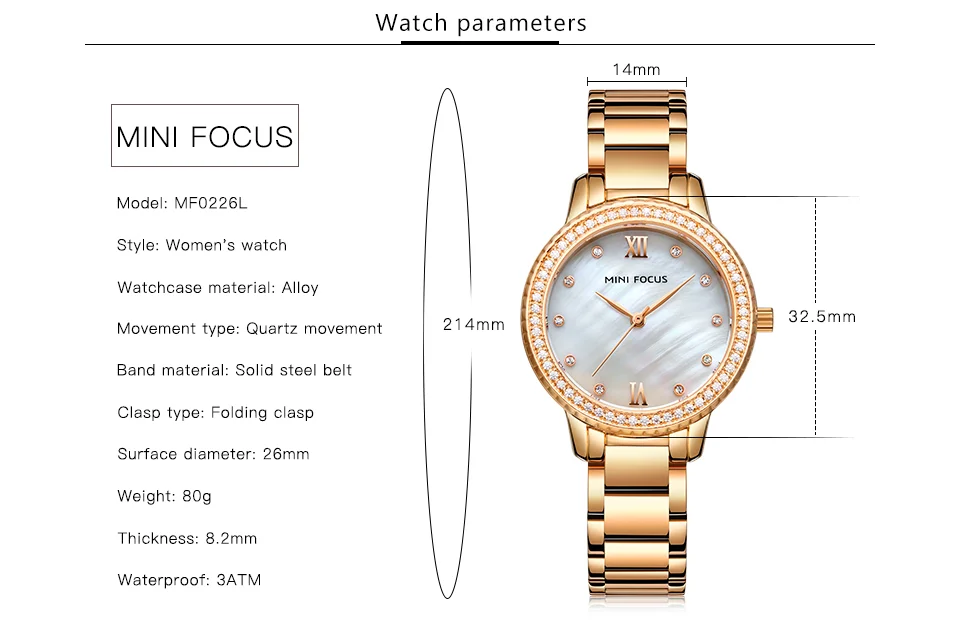 Mini Focus MF0226L Women’s Luxury Rose Gold Watch | Diamond Case Waterproof Quartz Stainless Steel Wristwatch Wholesale