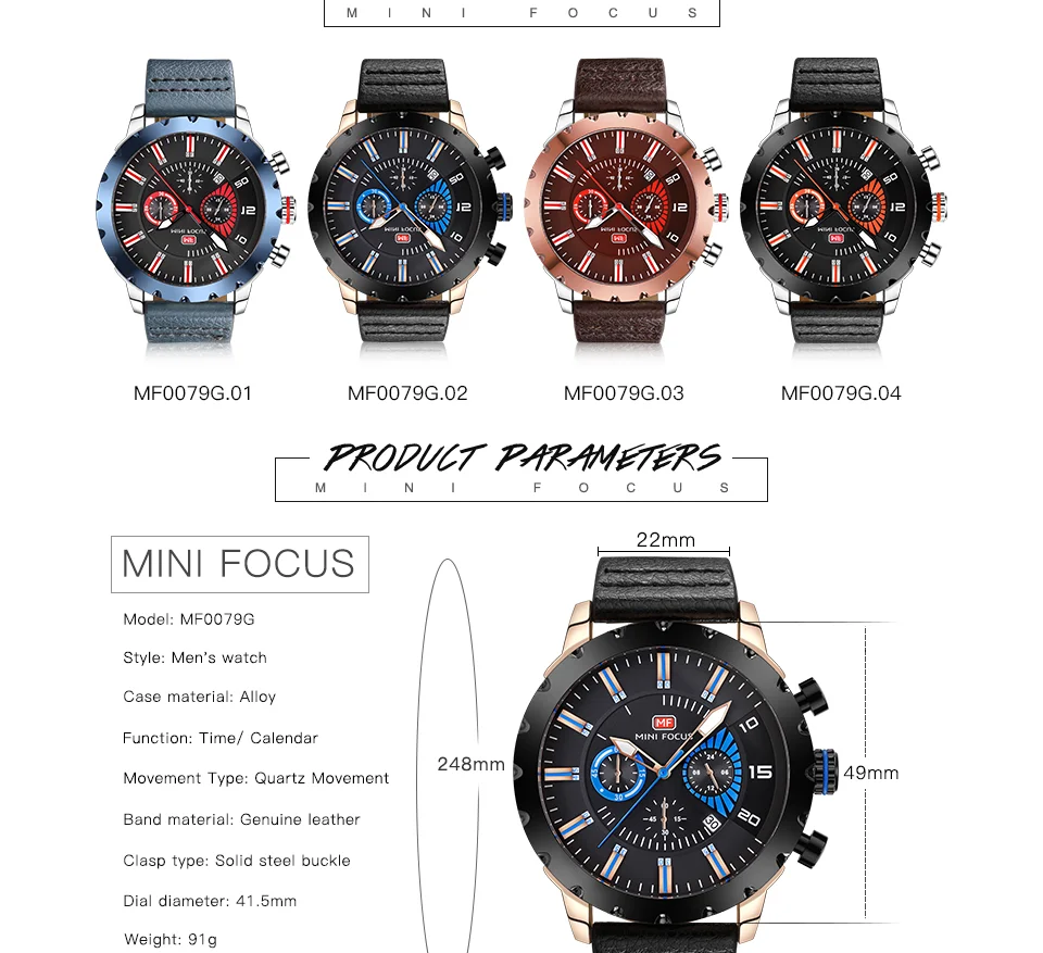 Mini Focus MF0079G Luxury Men's Chronograph Watch | Big Dial Leather Strap Quartz Business Wristwatch OEM Wholesale