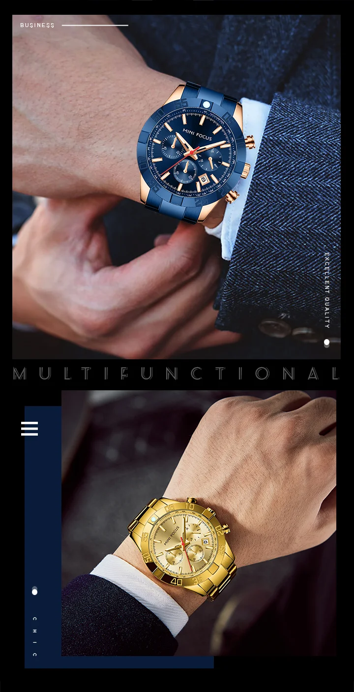 MINI FOCUS Business Chronograph Quartz Watch for Men Stainless Steel Wristwatch