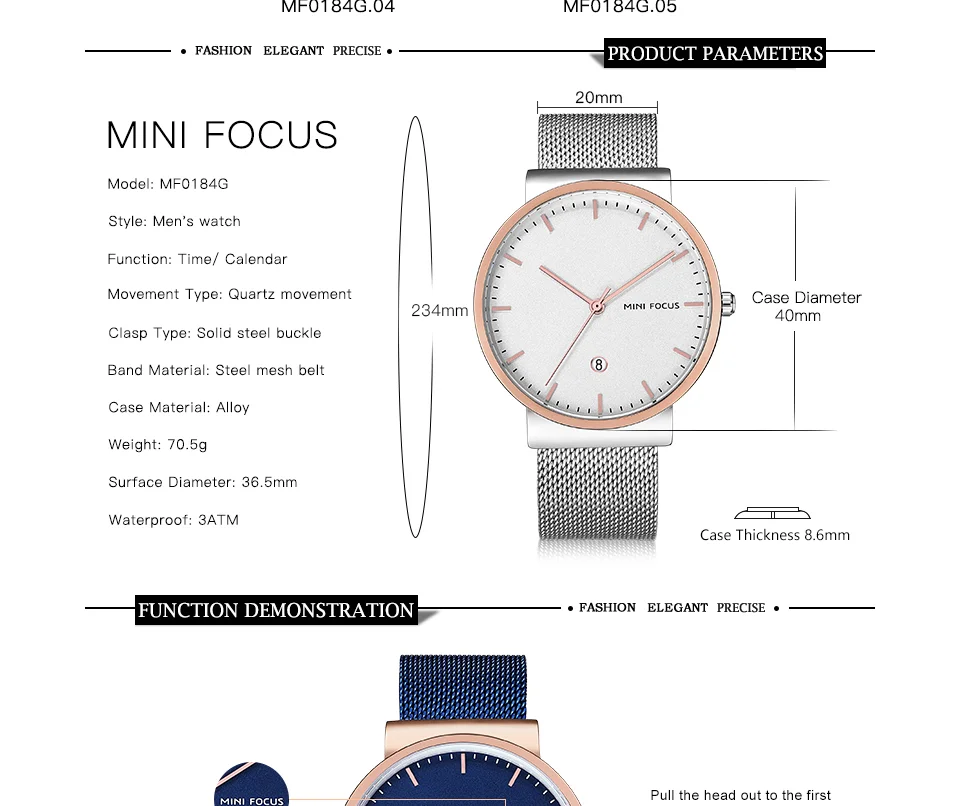 Mini Focus MF0184G Men's Business Quartz Watch | Stainless Steel Mesh Band | Waterproof Calendar OEM Supplier