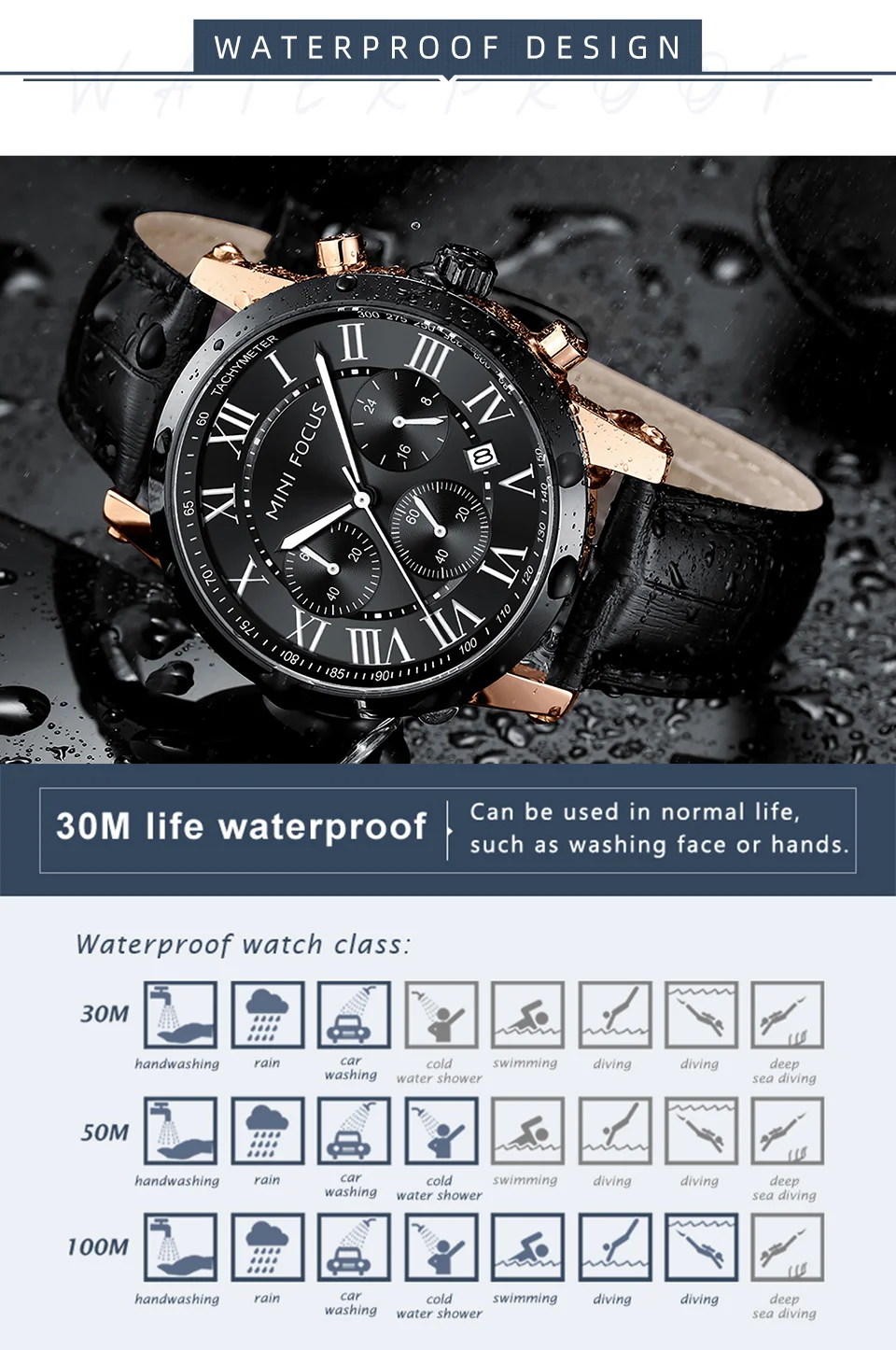 Fashion Leather Chronograph Watch for Men Classic Quartz Wristwatch by MINI FOCUS Wholesale 
