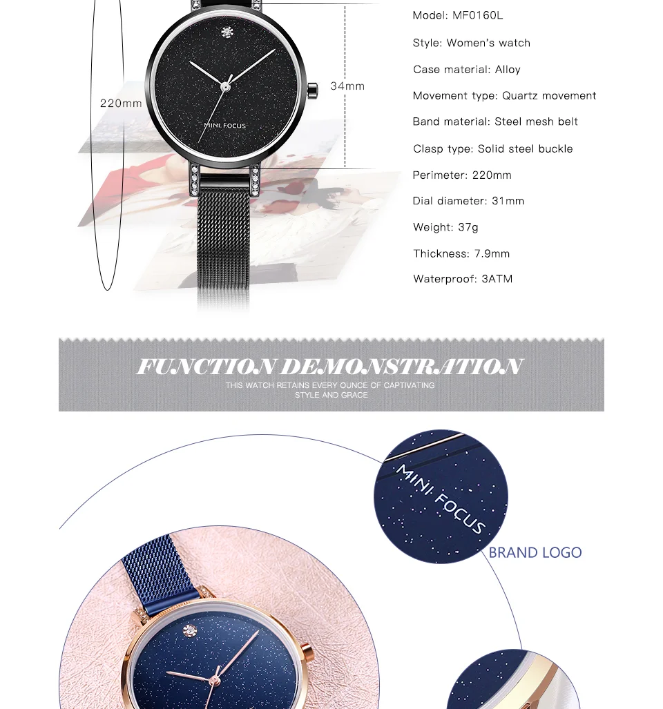 MINI FOCUS Women’s Luxury Quartz Watch | Rose Blue Mesh Strap Waterproof Wristwatch | 2025 New Fashion Casual Watch