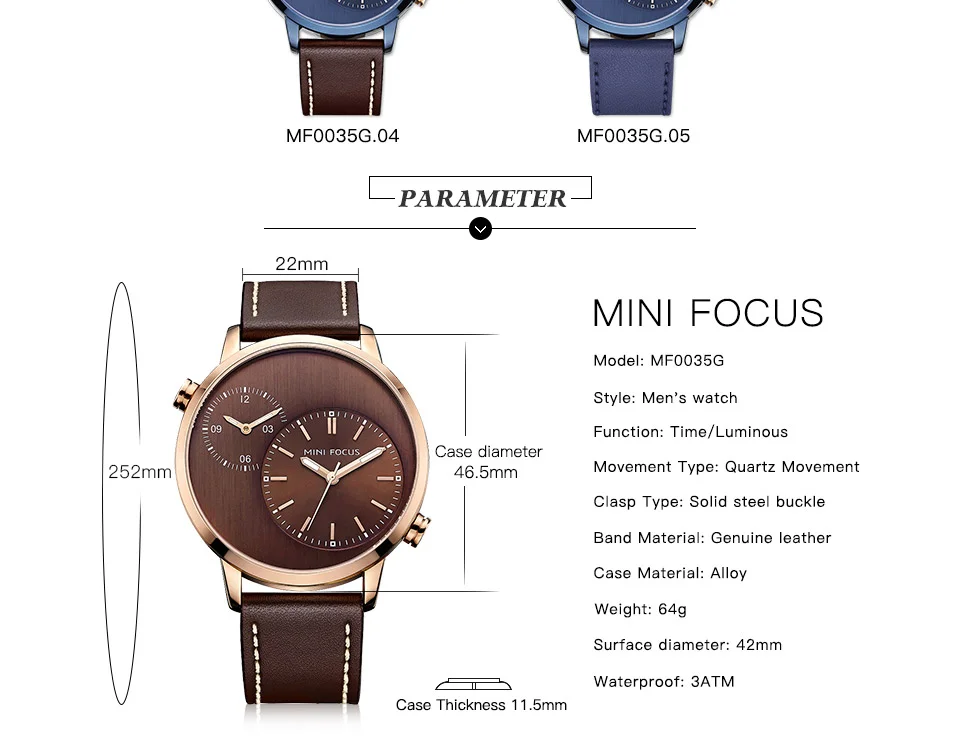 Mini Focus MF0035G Men’s Business Watch | Blue Dial Leather Strap Quartz Calendar | China Factory Wholesale