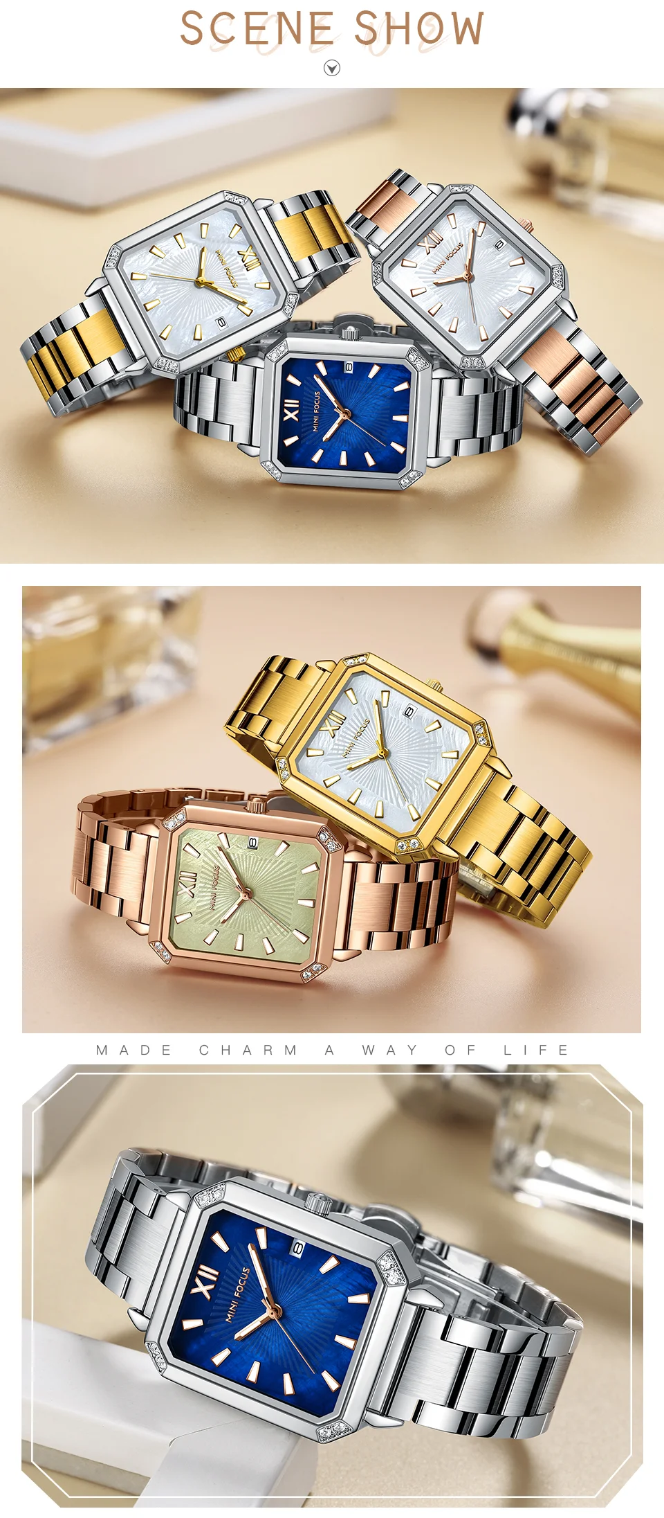 Elegant Square Ladies Watch – MINI FOCUS MF0472L Stainless Steel Strap Date Display Quartz Wristwatch