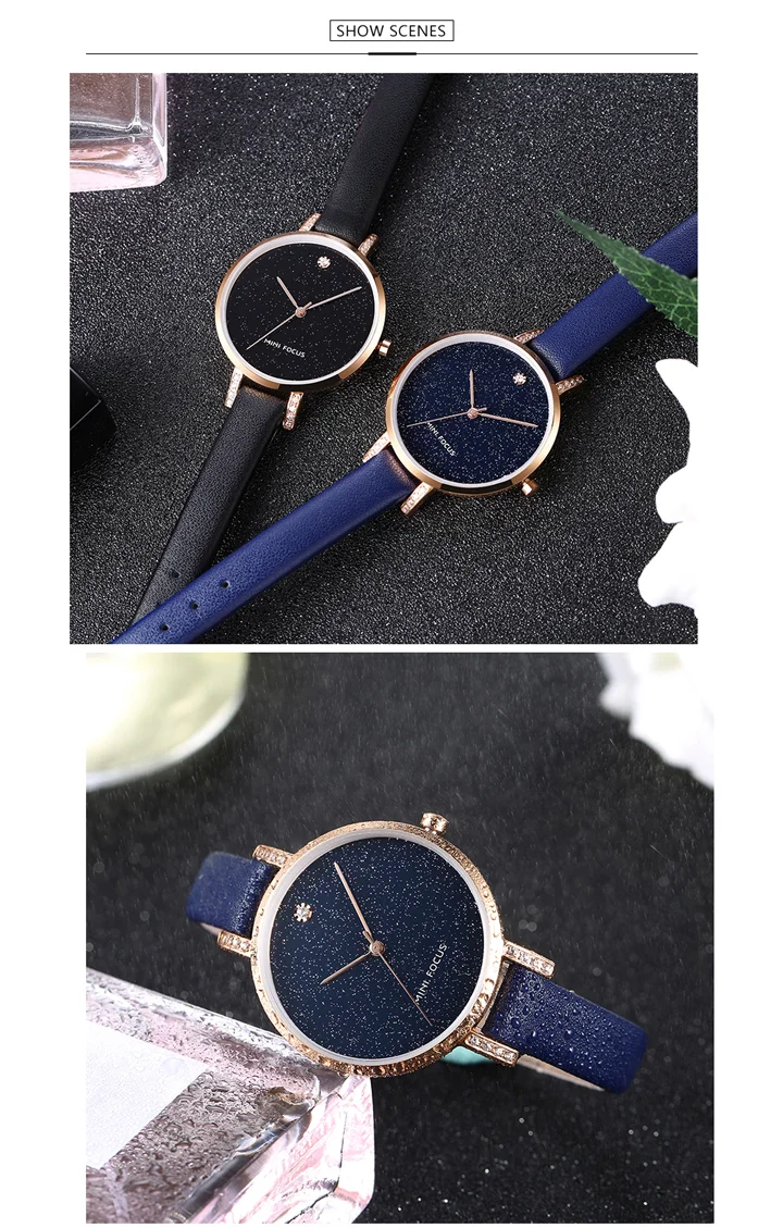 MINI FOCUS MF0159L Women’s Luxury Quartz Watch | Blue Leather Strap Elegant Iced-Out Ladies Wrist Watch with Box