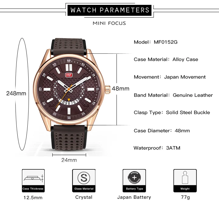 Mini Focus MF0152G Men’s Sport Quartz Watch | Waterproof Calendar Leather Strap Luminous Hands