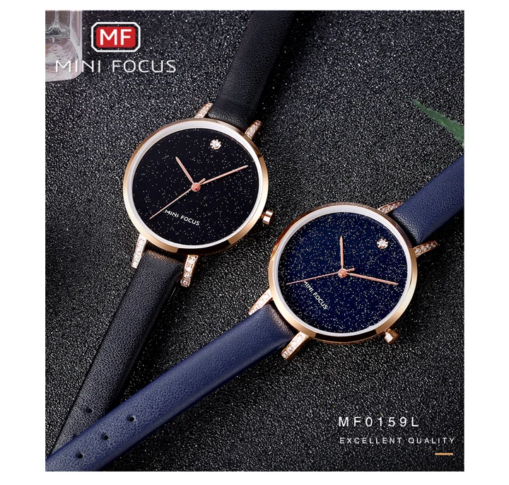 MINI FOCUS MF0159L Women’s Luxury Quartz Watch | Blue Leather Strap Elegant Iced-Out Ladies Wrist Watch with Box