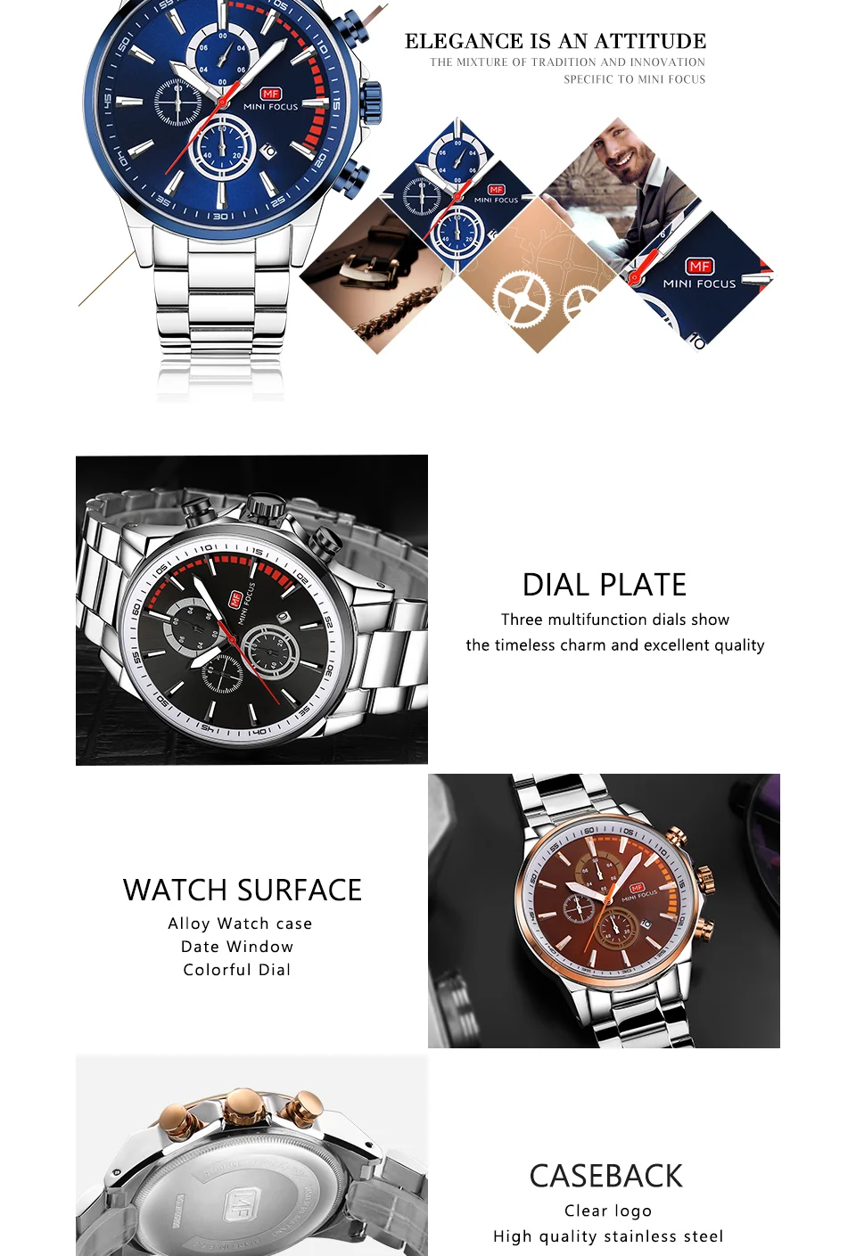 Mini Focus MF0085G Men's Sport Racing Style Chronograph Watch | Quartz Movement, Stainless Steel Wristwatch