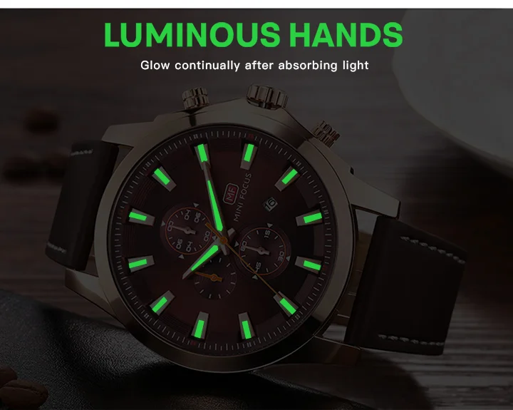 Mini Focus MF0082G Men's Watch | Fashionable Waterproof Leather Strap, Luminous Calendar, Quartz Movement