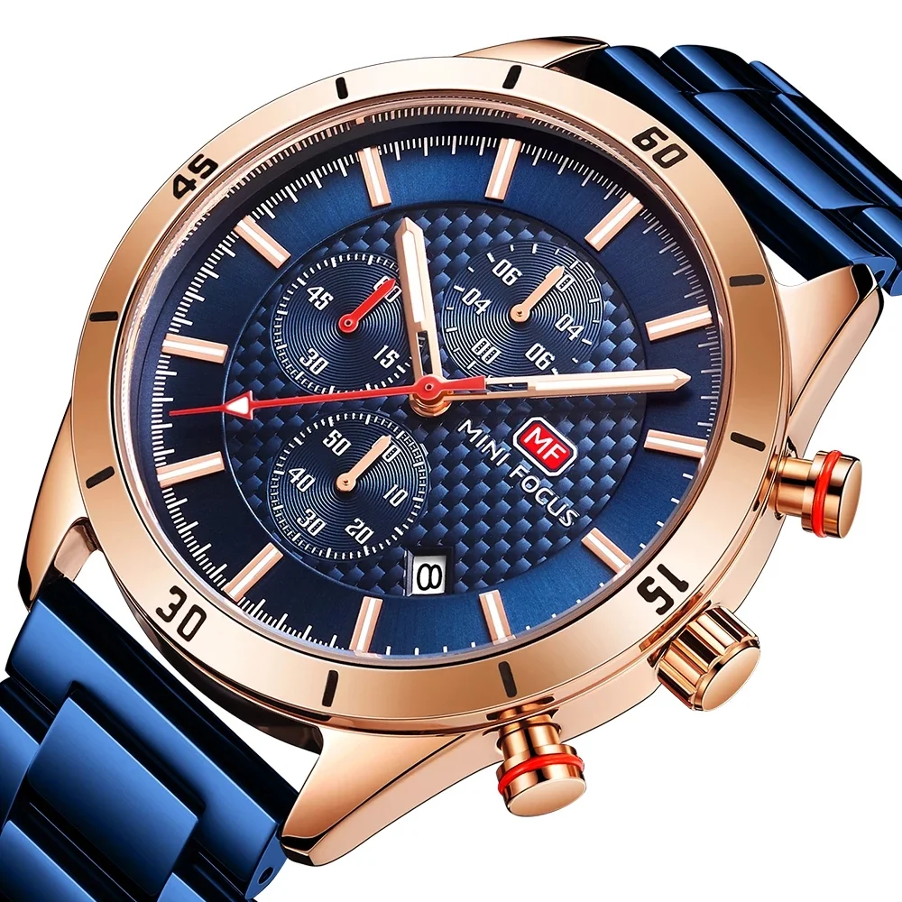 Mini Focus Blue Chronograph Watch for Men Stainless Steel