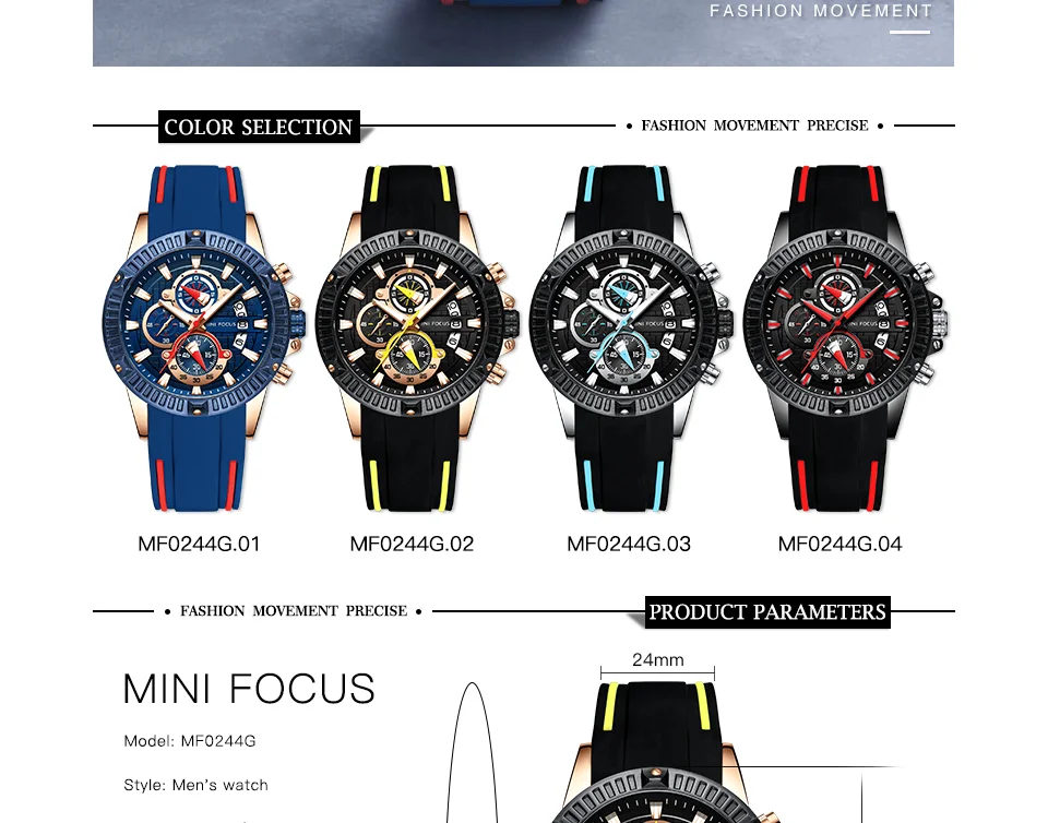 Mini Focus MF0244G Men’s Fashion Sports Watch | Waterproof Quartz Rubber Strap Timepiece