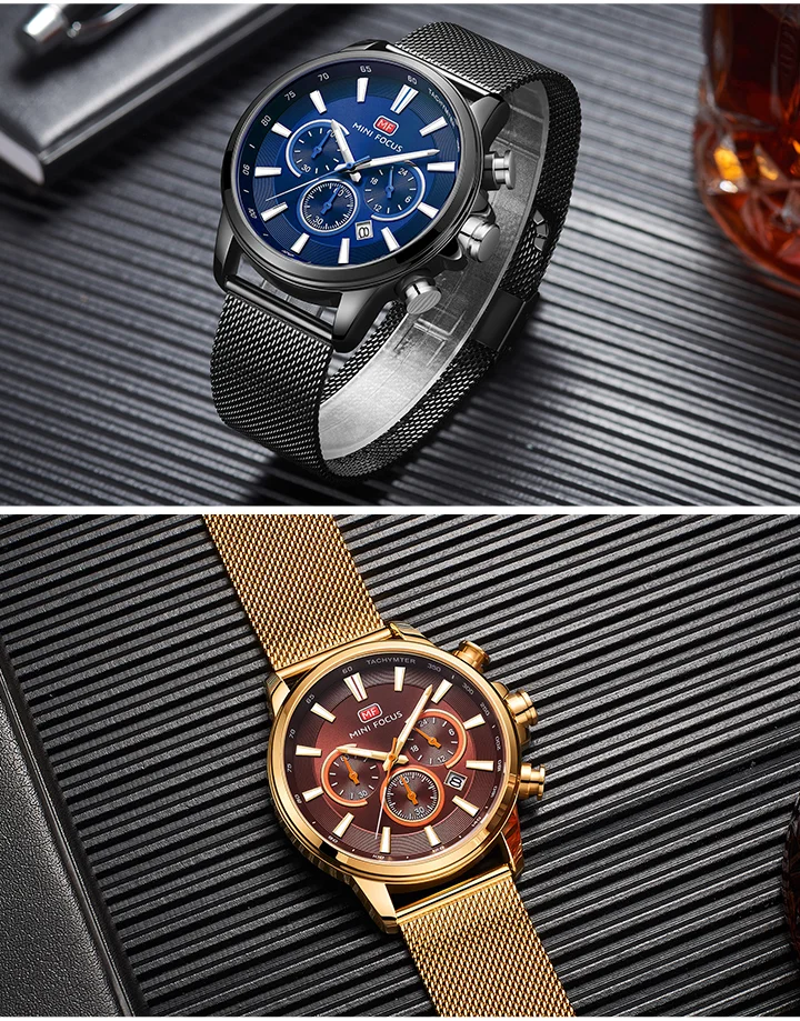 Mini Focus MF0142G Men’s Sport Chronograph Watch | Racing Style, Luminous Dial, Milanese Strap