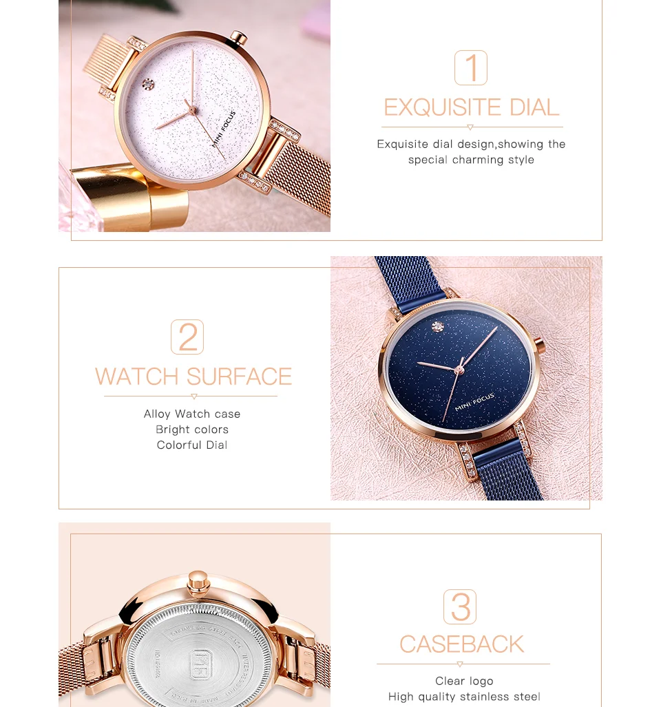 MINI FOCUS Women’s Luxury Quartz Watch | Rose Blue Mesh Strap Waterproof Wristwatch | 2025 New Fashion Casual Watch