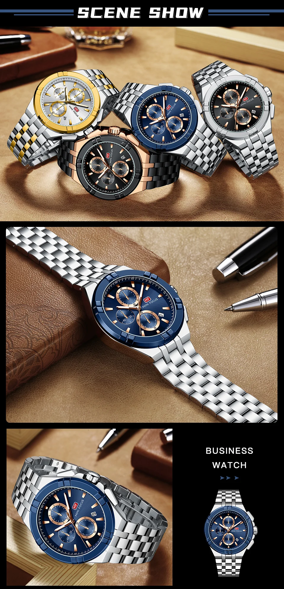 Mini Focus Top Sale Men’s Sports Chronometer Quartz Watch with Stainless Steel Band for Wholesale