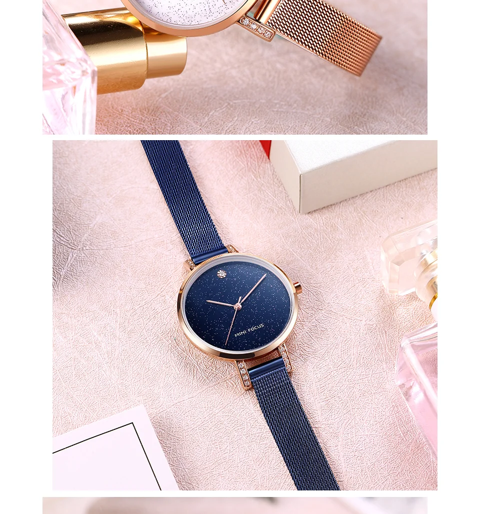 MINI FOCUS Women’s Luxury Quartz Watch | Rose Blue Mesh Strap Waterproof Wristwatch | 2025 New Fashion Casual Watch