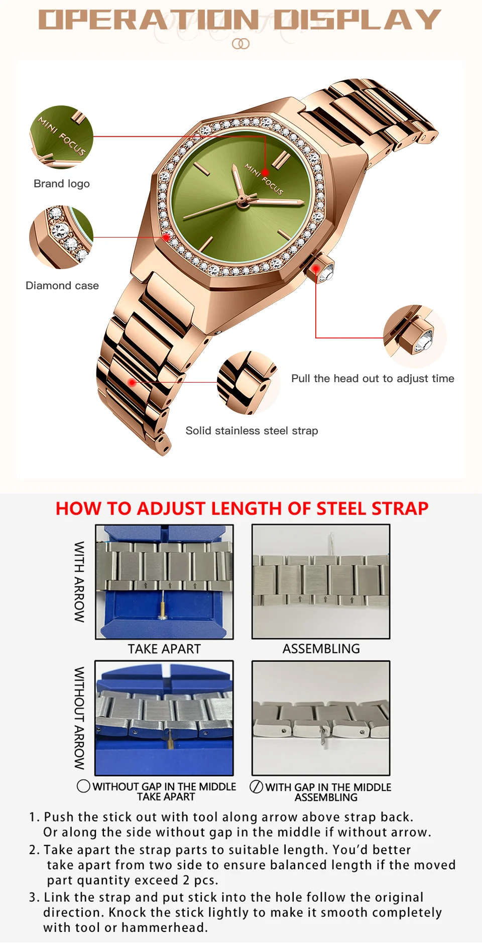 Elegant Rose Gold Women's Quartz Watch with Stainless Steel Strap Mini Focus Ladies Collection