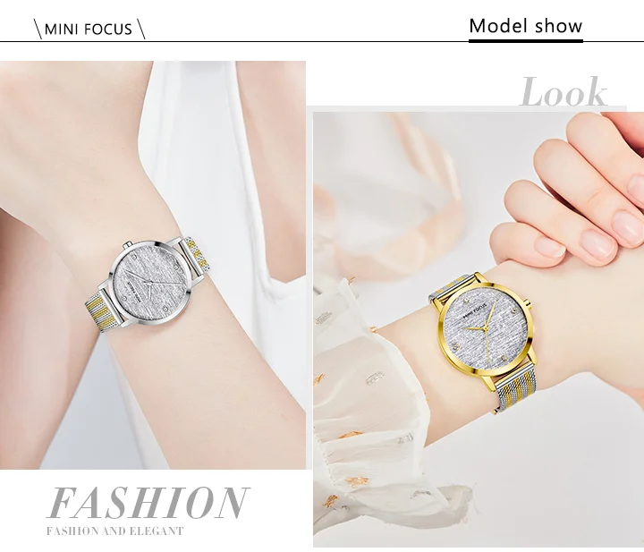 Elegant Waterproof Women's Quartz Watch – Stainless Steel Mesh Band with Crystal Scale | MINI FOCUS MF0329L