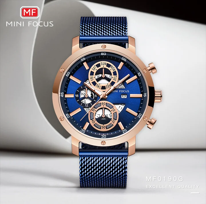 Mini Focus MF0190G Chronograph Men’s Quartz Watch | Sports Waterproof Mesh Strap Factory Wholesale
