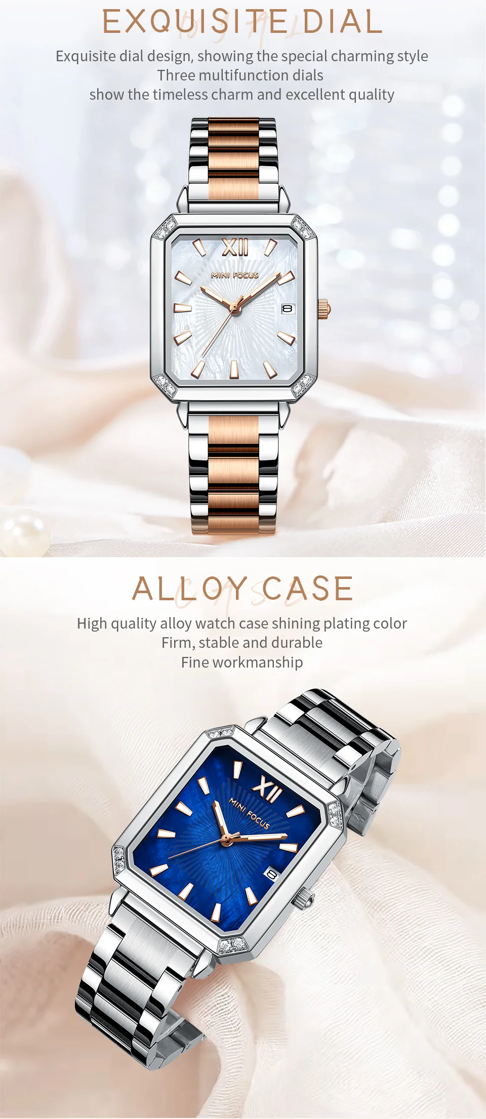 Elegant Square Ladies Watch – MINI FOCUS MF0472L Stainless Steel Strap Date Display Quartz Wristwatch