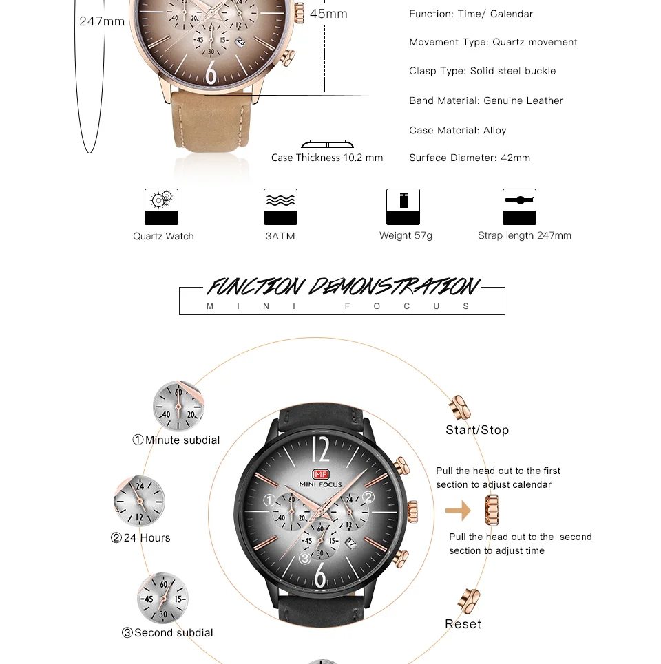 Mini Focus MF0114G Men’s Business Fashion Quartz Watch | Chronograph | Leather Strap | Factory Wholesale