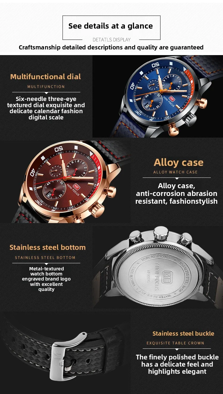 MF0017G Mini Focus Men’s Leather Band Sports Watch | Factory Wholesale Quartz Alloy Timepiece