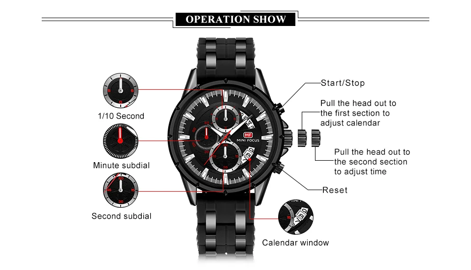 Mini Focus Men Sports Quartz Watches Luminous Hands Waterproof Chronograph Calendar Silicone Strap Fashion Watch