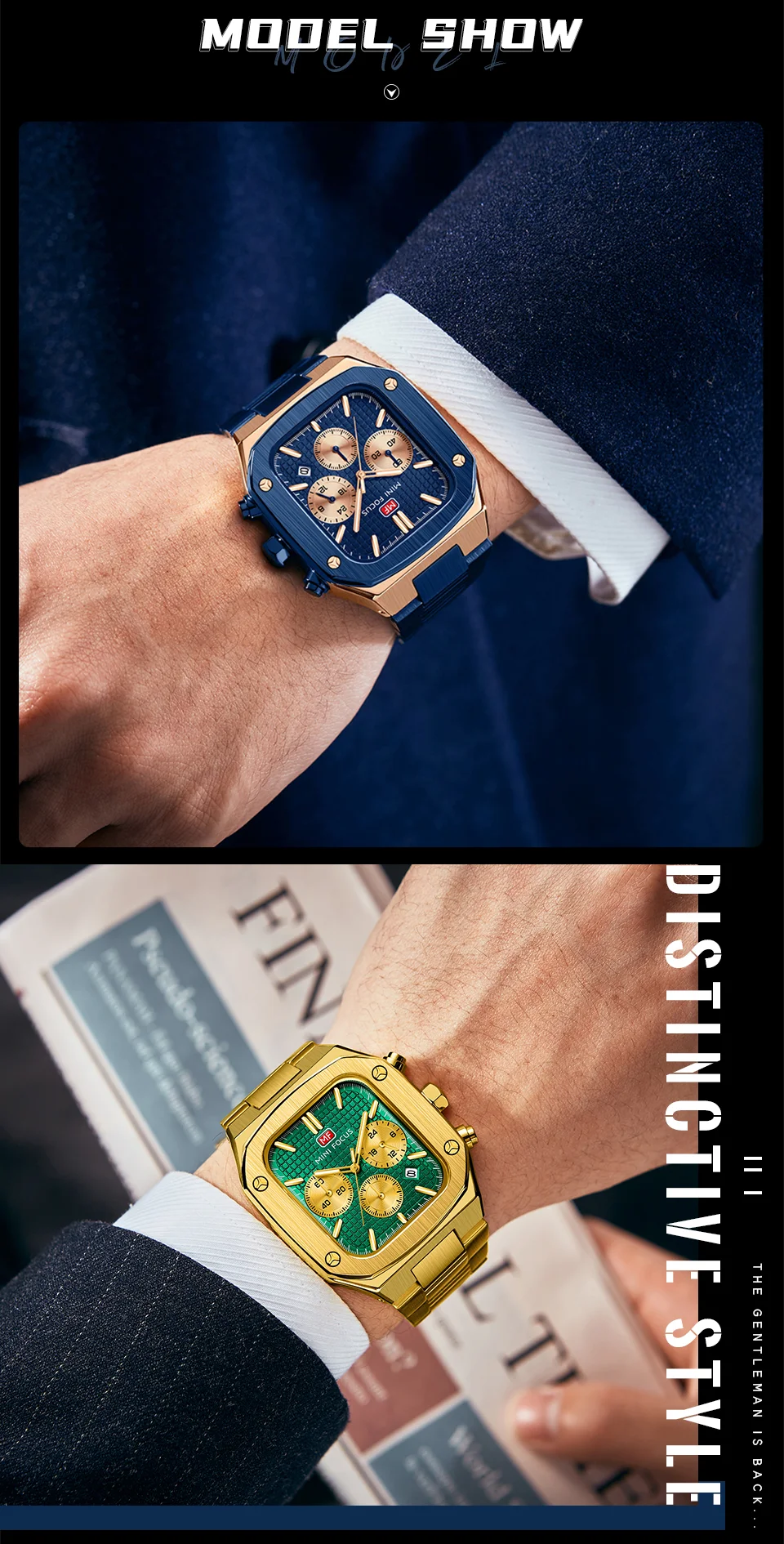 Stylish Luxury Quartz Watch for Men – Rose Gold Blue Chronograph by MINI FOCUS Factory Wholesale Supplier