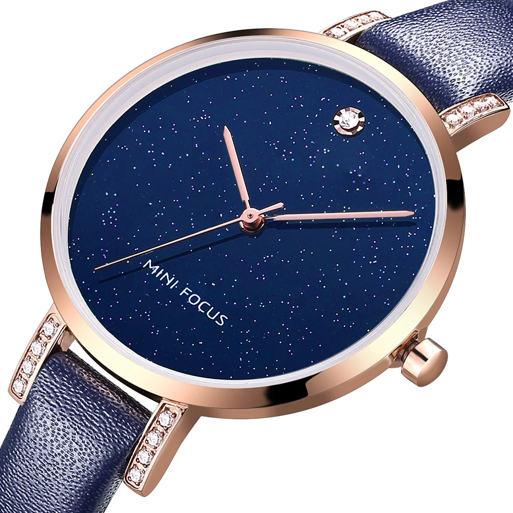 MINI FOCUS Women’s Luxury Quartz Watch Blue Leather Strap
