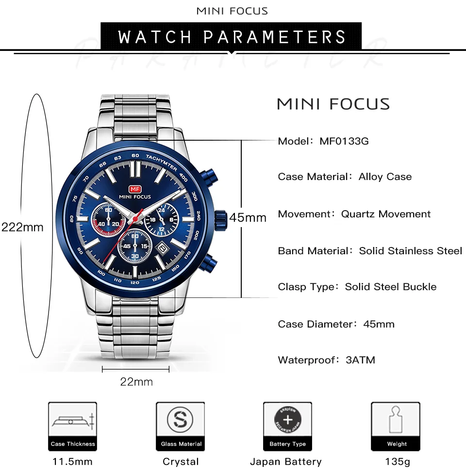 MINI FOCUS MF0133G Men’s Quartz Sports Watch | Stainless Steel, Calendar, Waterproof, Factory Wholesale