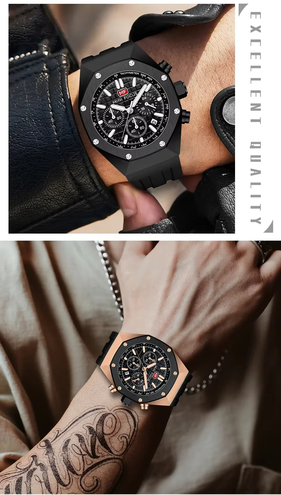 Sport Chronograph Quartz Watch for Men Waterproof Silicone Wristwatch by MINI FOCUS