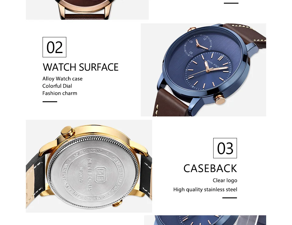 Mini Focus MF0035G Men’s Business Watch | Blue Dial Leather Strap Quartz Calendar | China Factory Wholesale