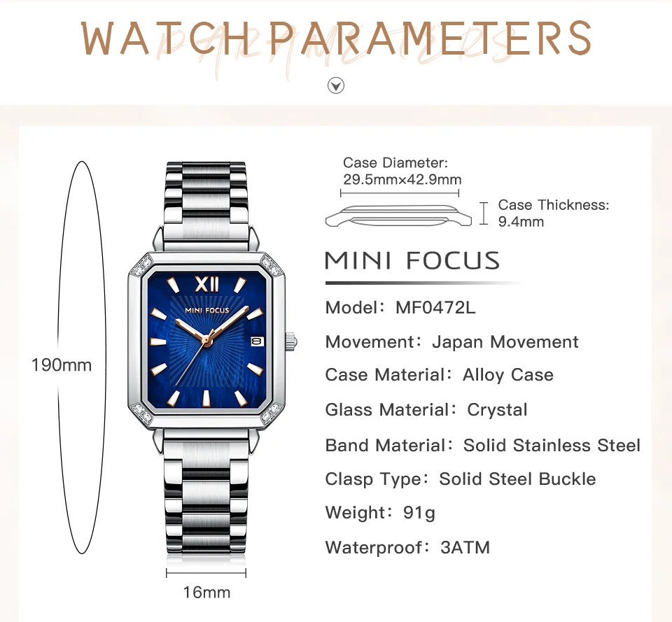 Elegant Square Ladies Watch – MINI FOCUS MF0472L Stainless Steel Strap Date Display Quartz Wristwatch