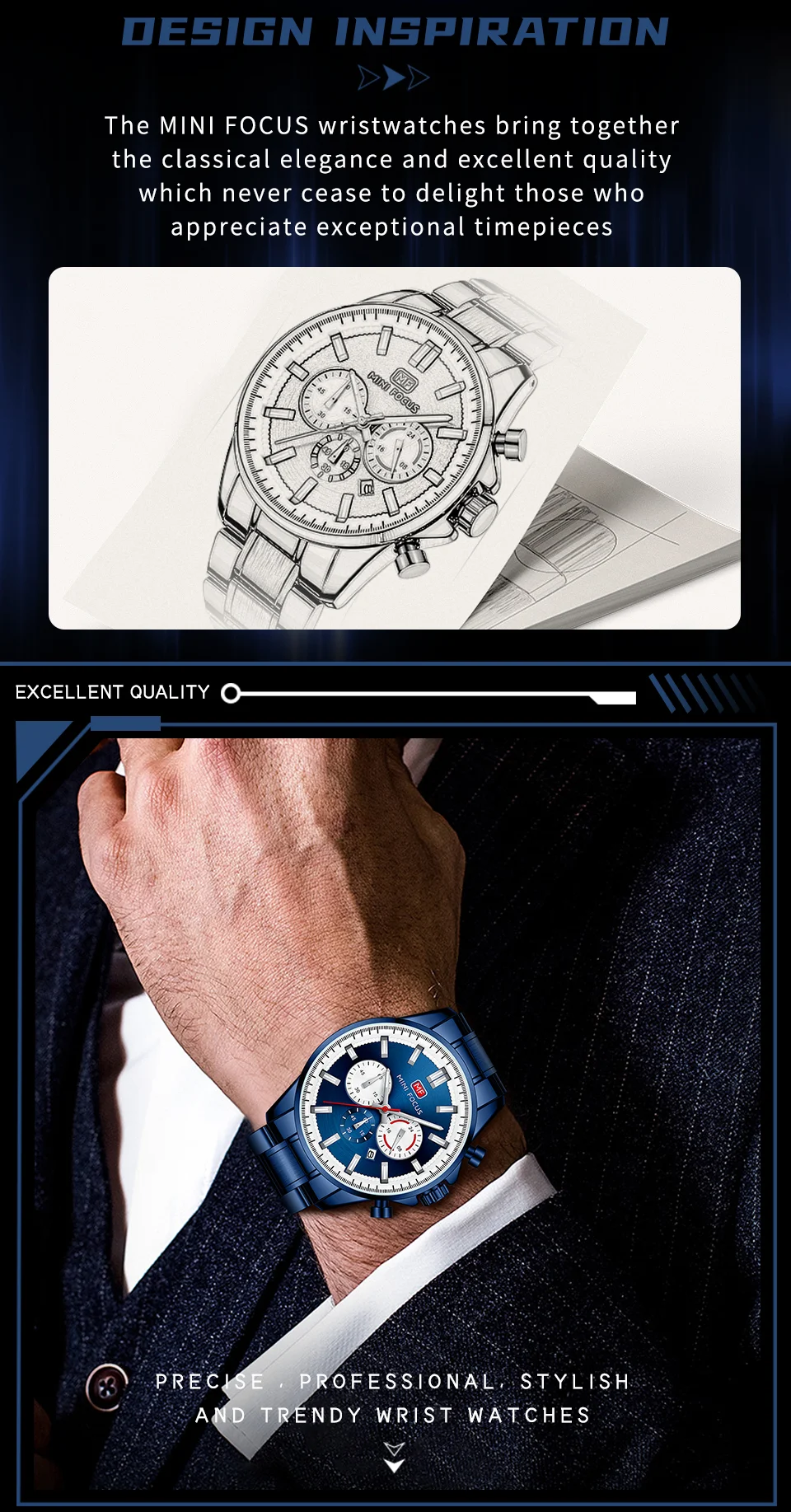Hot Sale Men’s Fashion Chronograph Quartz Watch with Stainless Steel Band
